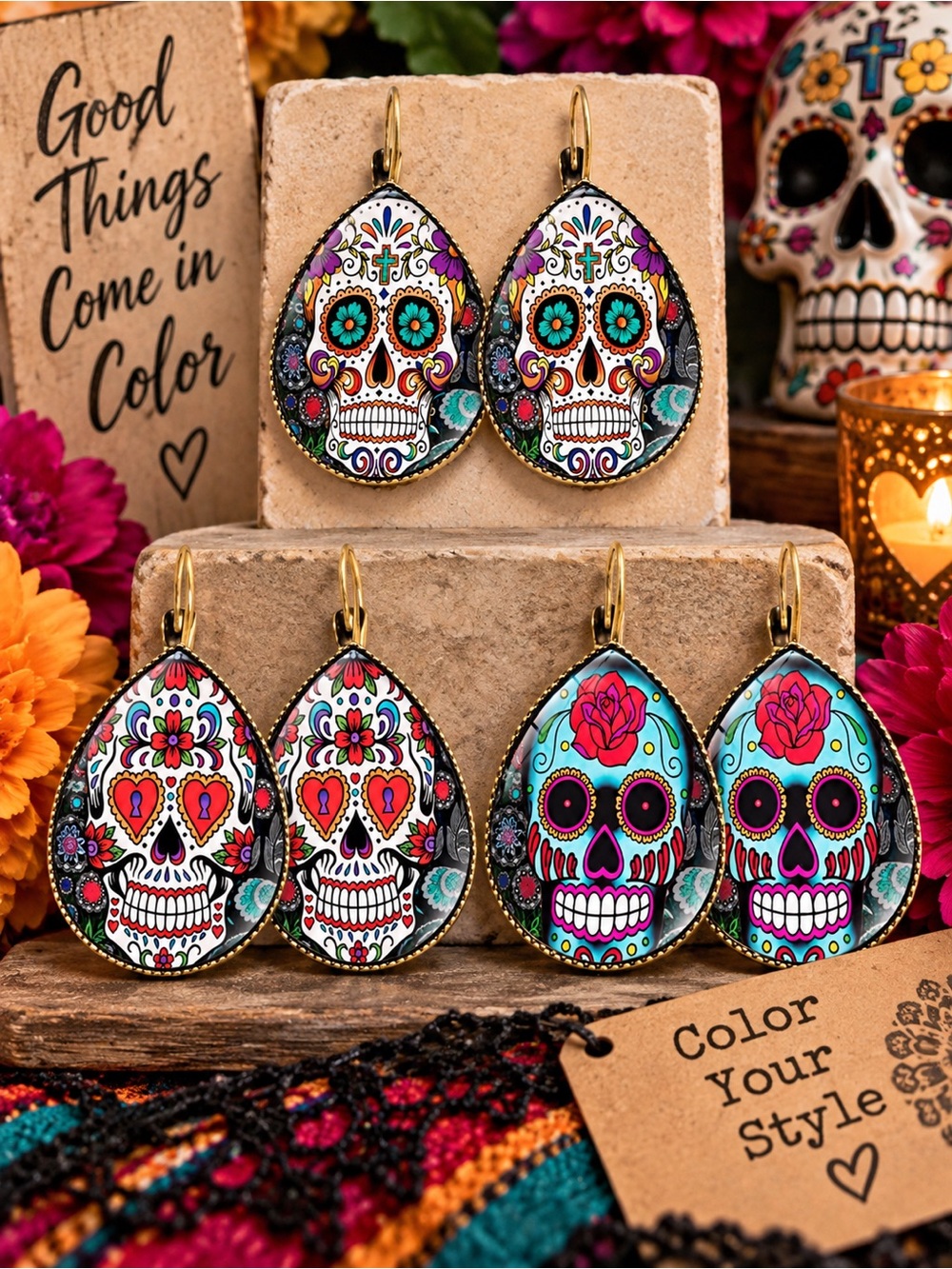 3 Pair Sugar Skull Earrings Bundle • FREE Shipping • Day of the Dead Inspired